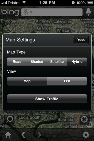 Bing iPhone App Map Settings