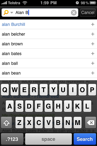 Bing iPhone App search as you type results